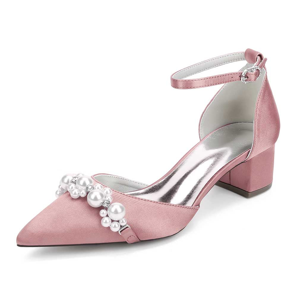 Wedding Shoes Satin Chunky Heel Wedding Heels Pearls Detail