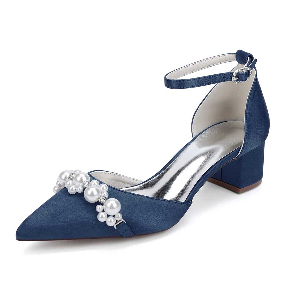 Wedding Shoes Satin Chunky Heel Wedding Heels Pearls Detail