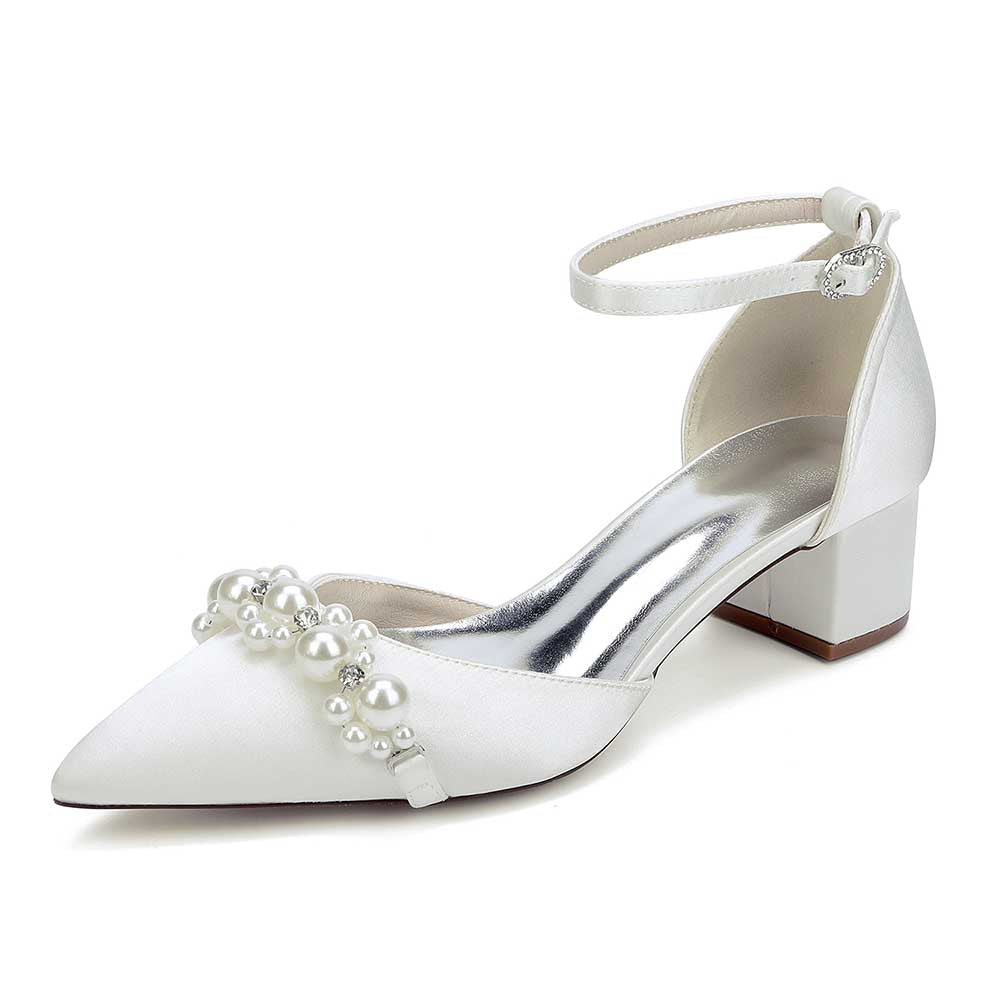 Wedding Shoes Satin Chunky Heel Wedding Heels Pearls Detail