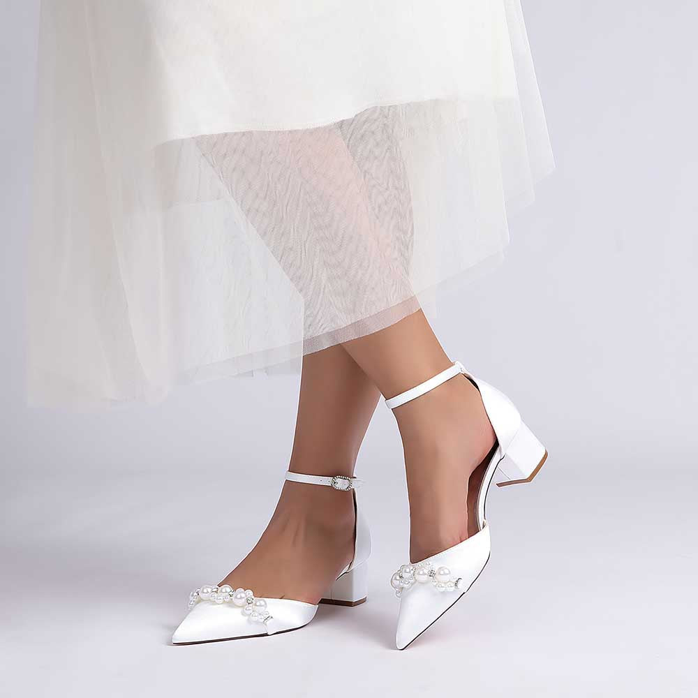 Wedding Shoes Satin Chunky Heel Wedding Heels Pearls Detail