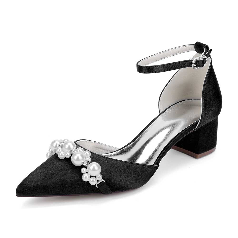 Wedding Shoes Satin Chunky Heel Wedding Heels Pearls Detail