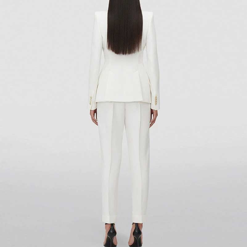 Rhinestone-Embellished White Pantsuit | One-Button Blazer for Events