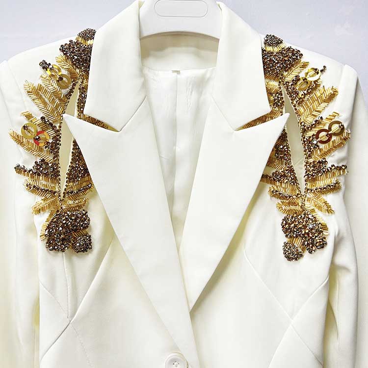 Rhinestone-Embellished White Pantsuit | One-Button Blazer for Events
