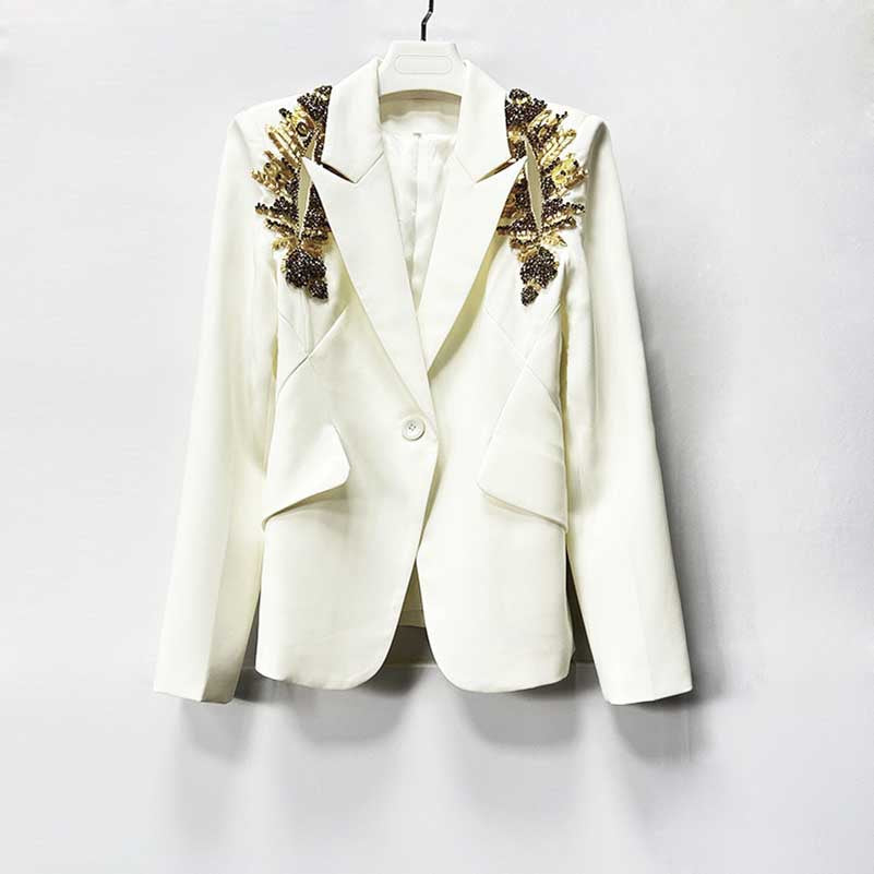 Rhinestone-Embellished White Pantsuit | One-Button Blazer for Events