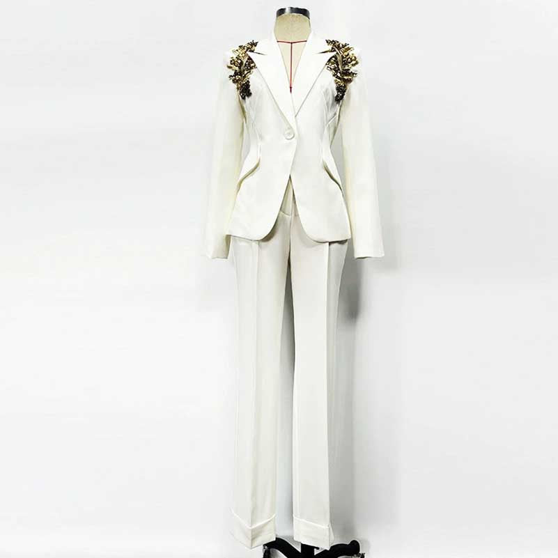 Rhinestone-Embellished White Pantsuit | One-Button Blazer for Events