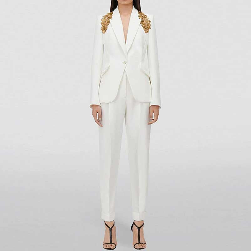 Rhinestone-Embellished White Pantsuit | One-Button Blazer for Events