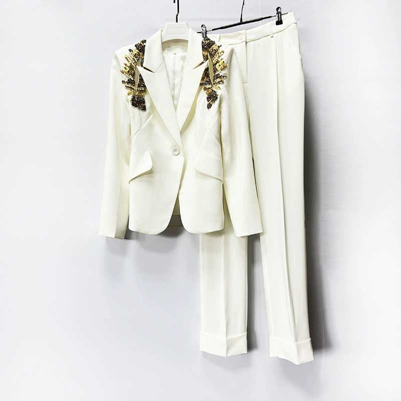 Rhinestone-Embellished White Pantsuit | One-Button Blazer for Events