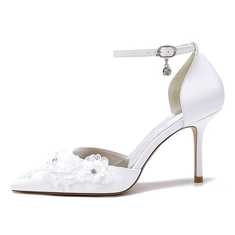 3.35" Wedding Shoes Flower Appliqued Heels Ankle Straps Bridal Shoes