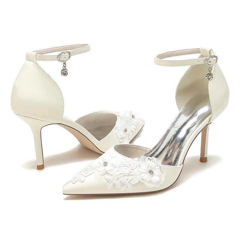 3.35" Wedding Shoes Flower Appliqued Heels Ankle Straps Bridal Shoes