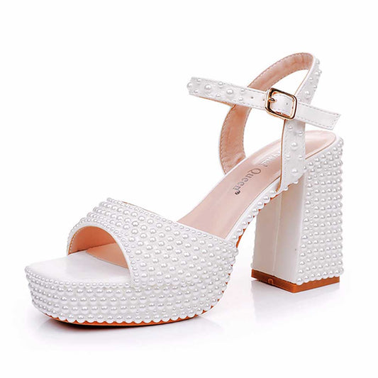 White Platform Wedding Shoes Pearls Bridal Sandals Chunky Shoes
