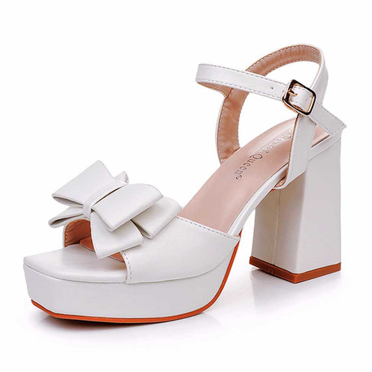 White Platform Wedding Shoes With Bow Block Heeled Bridal Shoes