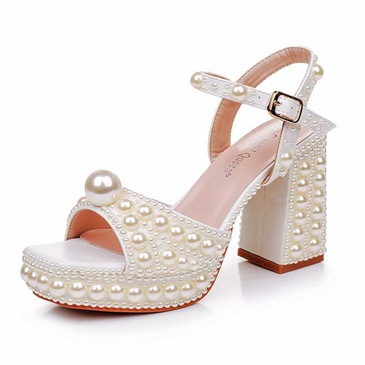 White Platform Wedding Shoes With Pearls Bridal Sandals Shoes