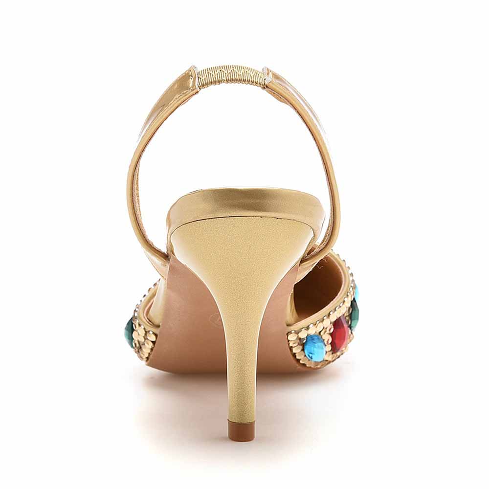 Women sparkling formal sandals for women with gold heels and colorful gem embellishments