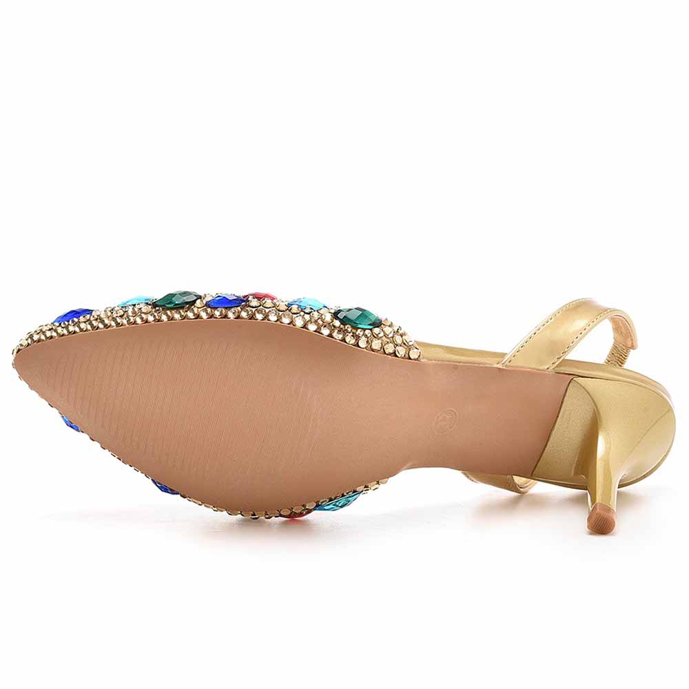 Women sparkling formal sandals for women in gold with multicolor gemstone embellishments