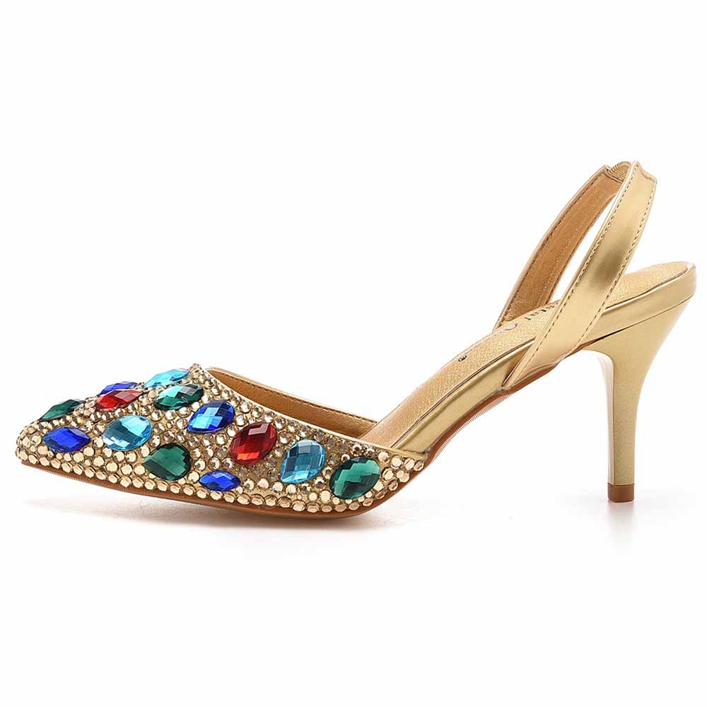 Women gold heels with multicolor gems sparkling formal sandals for women
