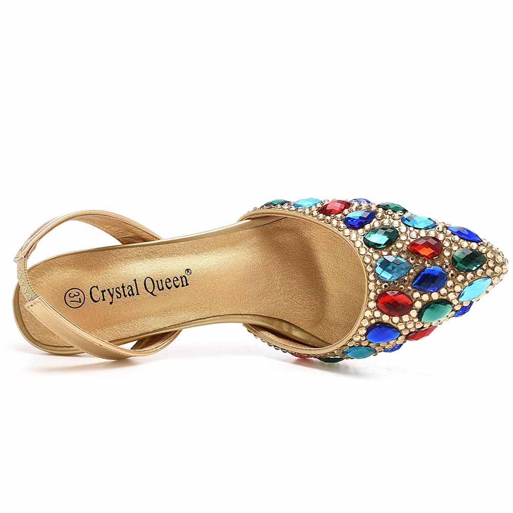 Women heels adorned with colorful gems sparkling formal sandals for women in gold tone
