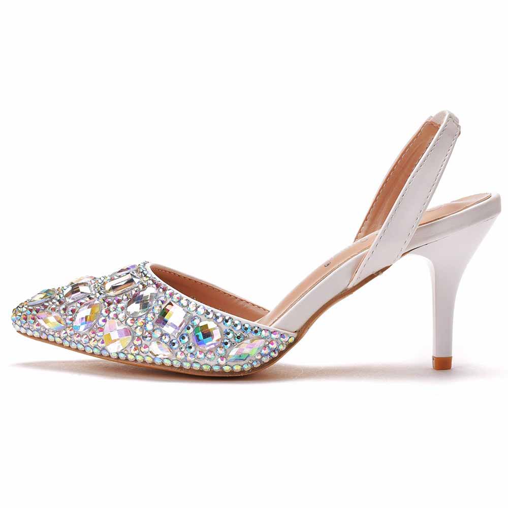 Women sparkling formal sandals for women with jeweled pointed toe and mid-height heel