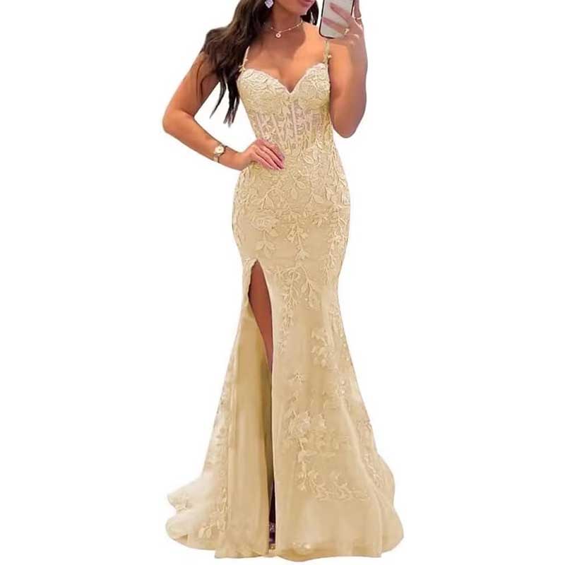 Lace Applique Mermaid Prom Dresses Spaghetti Straps Wedding Ball Gowns