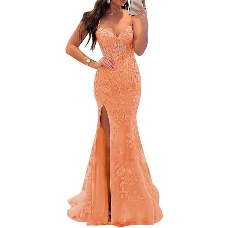 Lace Applique Mermaid Prom Dresses Spaghetti Straps Wedding Ball Gowns