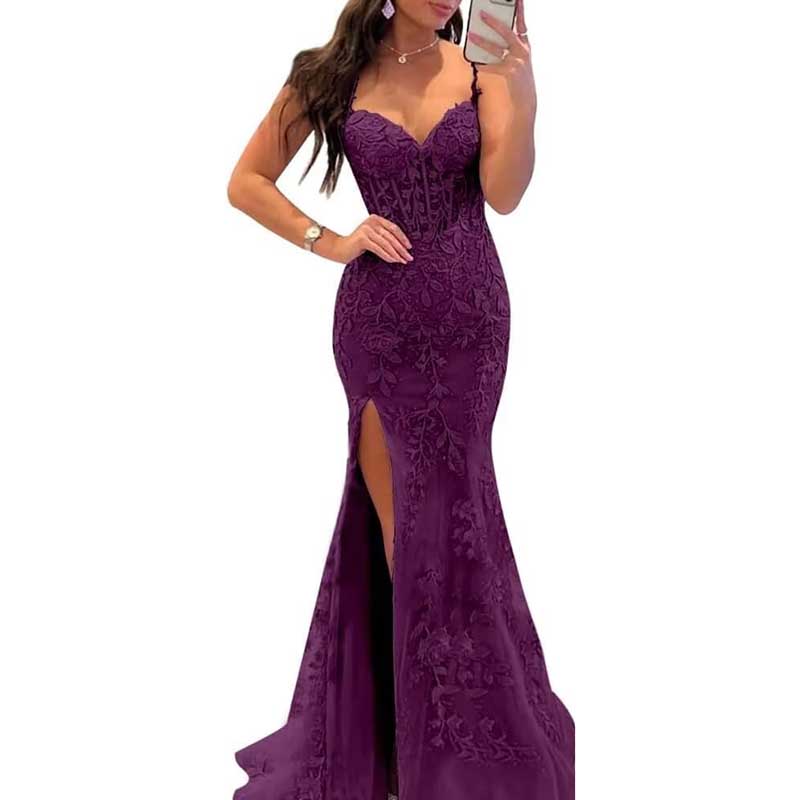 Lace Applique Mermaid Prom Dresses Spaghetti Straps Wedding Ball Gowns
