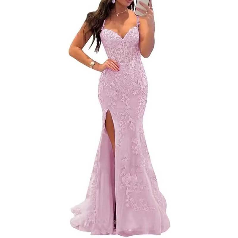 Lace Applique Mermaid Prom Dresses Spaghetti Straps Wedding Ball Gowns