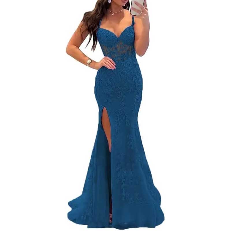 Lace Applique Mermaid Prom Dresses Spaghetti Straps Wedding Ball Gowns
