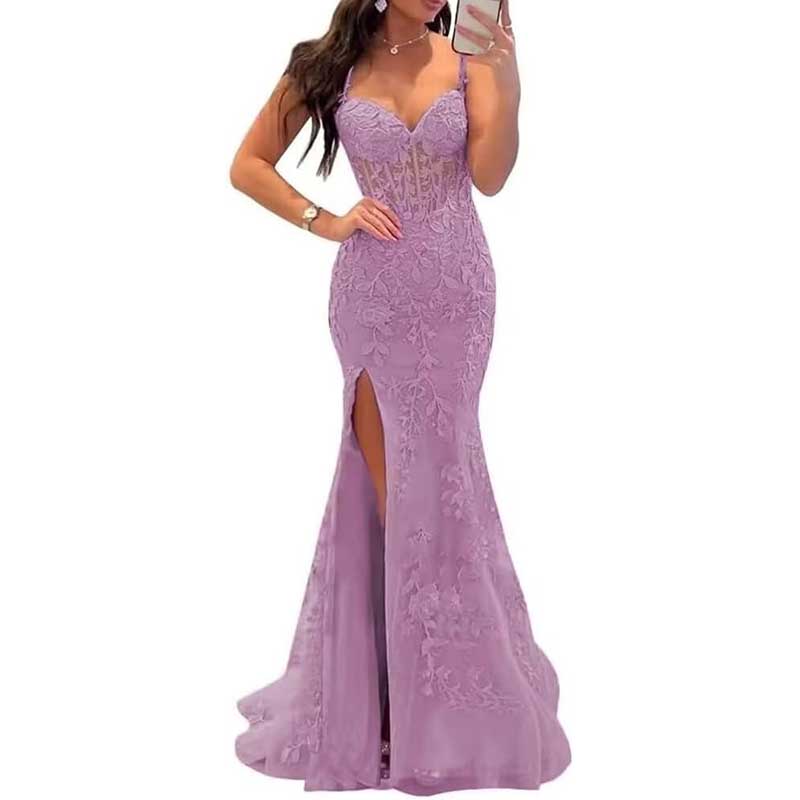 Lace Applique Mermaid Prom Dresses Spaghetti Straps Wedding Ball Gowns