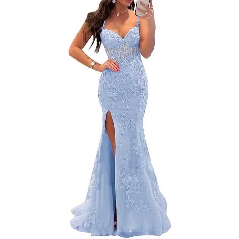 Lace Applique Mermaid Prom Dresses Spaghetti Straps Wedding Ball Gowns
