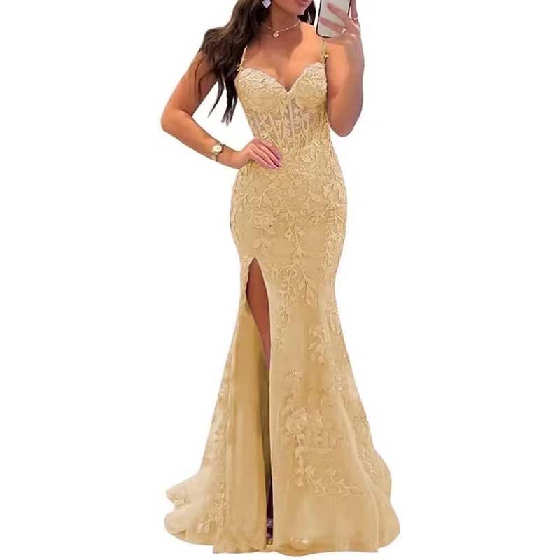 Lace Applique Mermaid Prom Dresses Spaghetti Straps Wedding Ball Gowns
