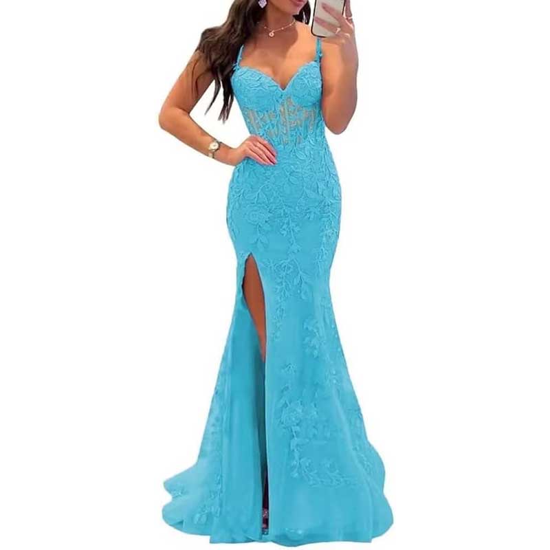 Lace Applique Mermaid Prom Dresses Spaghetti Straps Wedding Ball Gowns