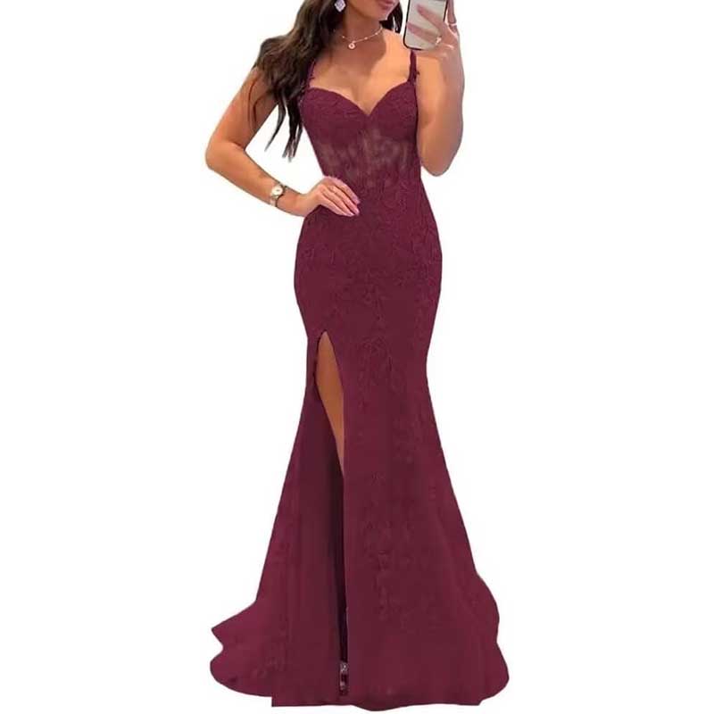 Lace Applique Mermaid Prom Dresses Spaghetti Straps Wedding Ball Gowns