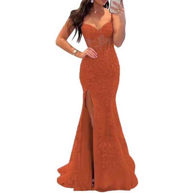 Lace Applique Mermaid Prom Dresses Spaghetti Straps Wedding Ball Gowns
