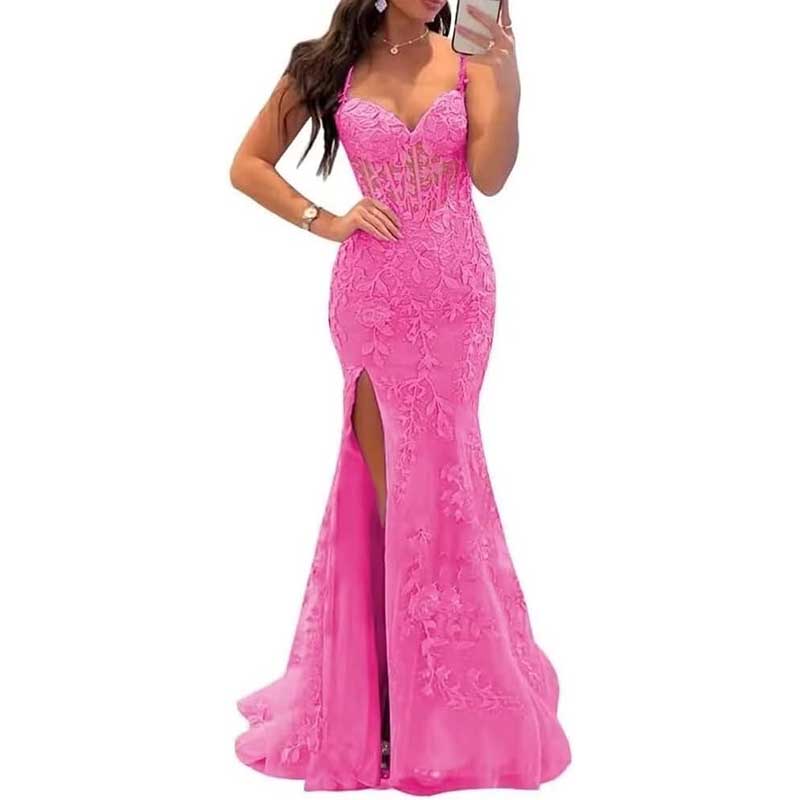 Lace Applique Mermaid Prom Dresses Spaghetti Straps Wedding Ball Gowns