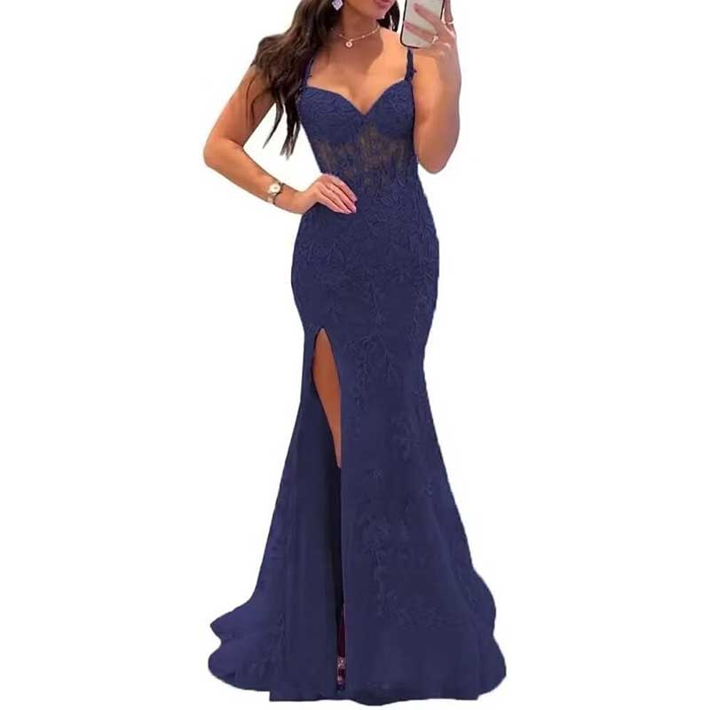 Lace Applique Mermaid Prom Dresses Spaghetti Straps Wedding Ball Gowns