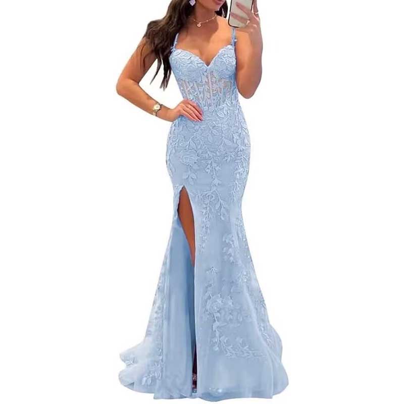 Lace Applique Mermaid Prom Dresses Spaghetti Straps Wedding Ball Gowns