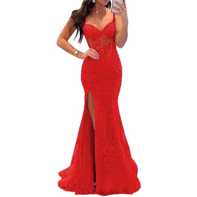 Lace Applique Mermaid Prom Dresses Spaghetti Straps Wedding Ball Gowns