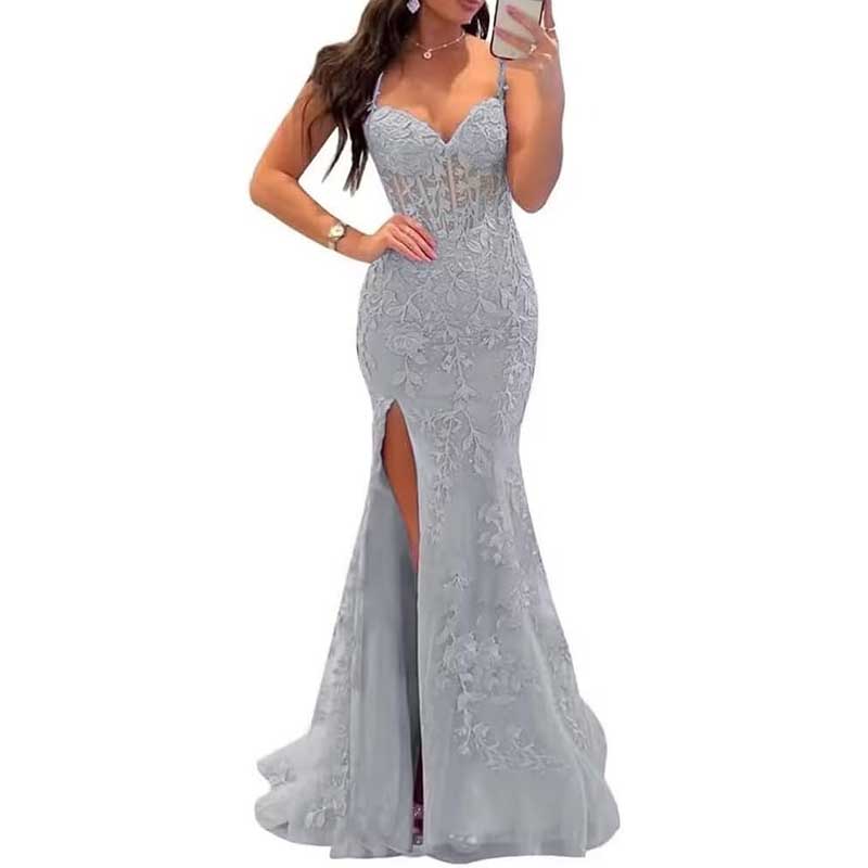 Lace Applique Mermaid Prom Dresses Spaghetti Straps Wedding Ball Gowns