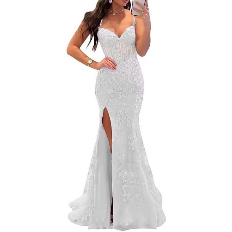 Lace Applique Mermaid Prom Dresses Spaghetti Straps Wedding Ball Gowns