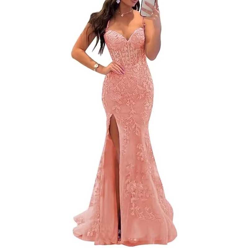 Lace Applique Mermaid Prom Dresses Spaghetti Straps Wedding Ball Gowns