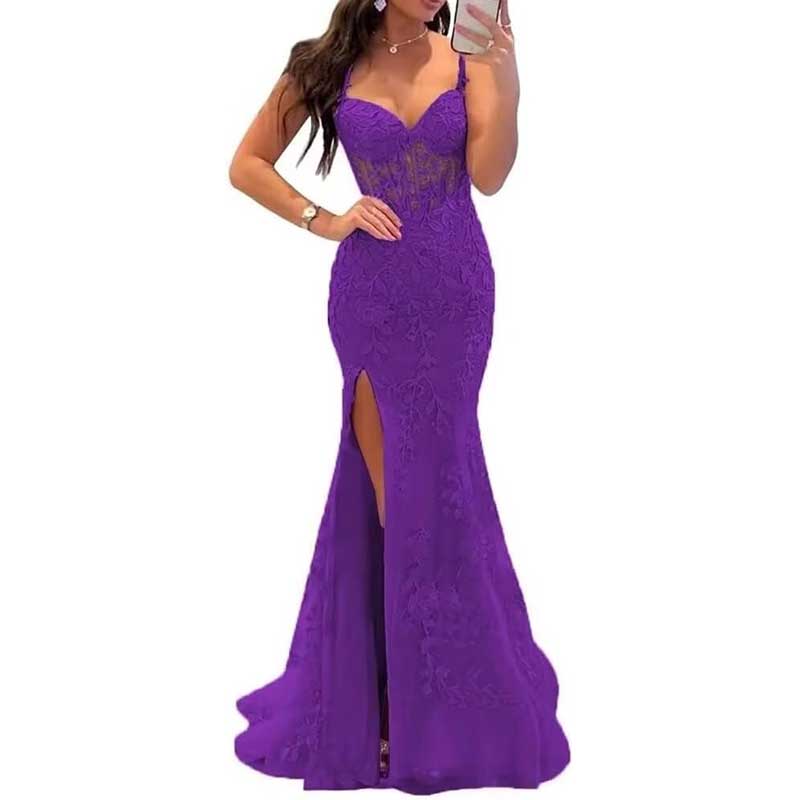 Lace Applique Mermaid Prom Dresses Spaghetti Straps Wedding Ball Gowns