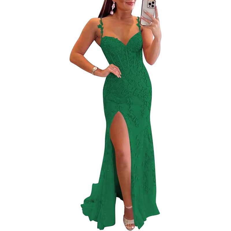 Lace Applique Mermaid Prom Dresses Spaghetti Straps Wedding Ball Gowns