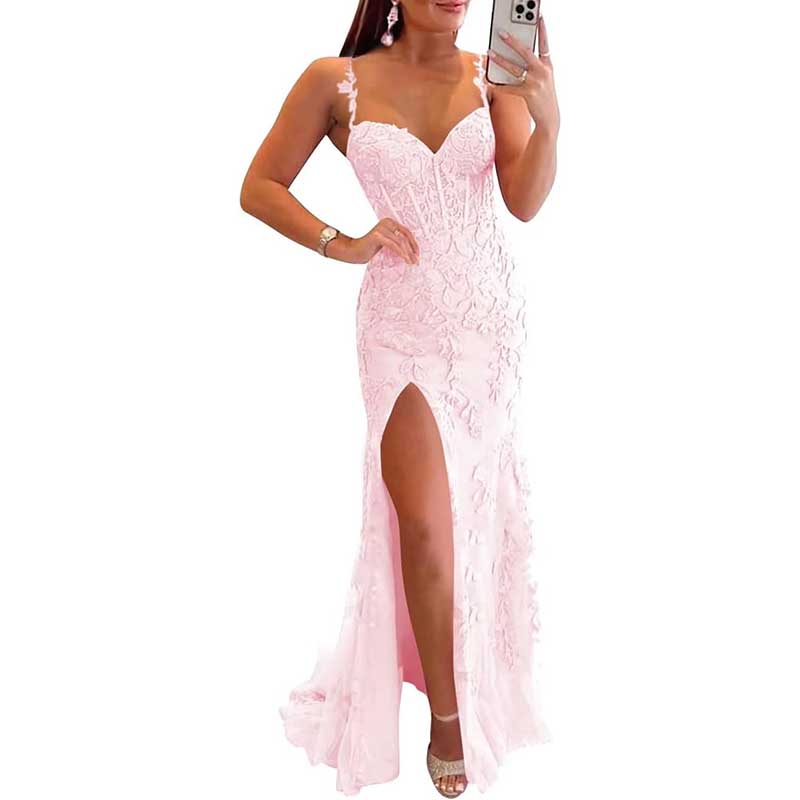 Lace Applique Mermaid Prom Dresses Spaghetti Straps Wedding Ball Gowns
