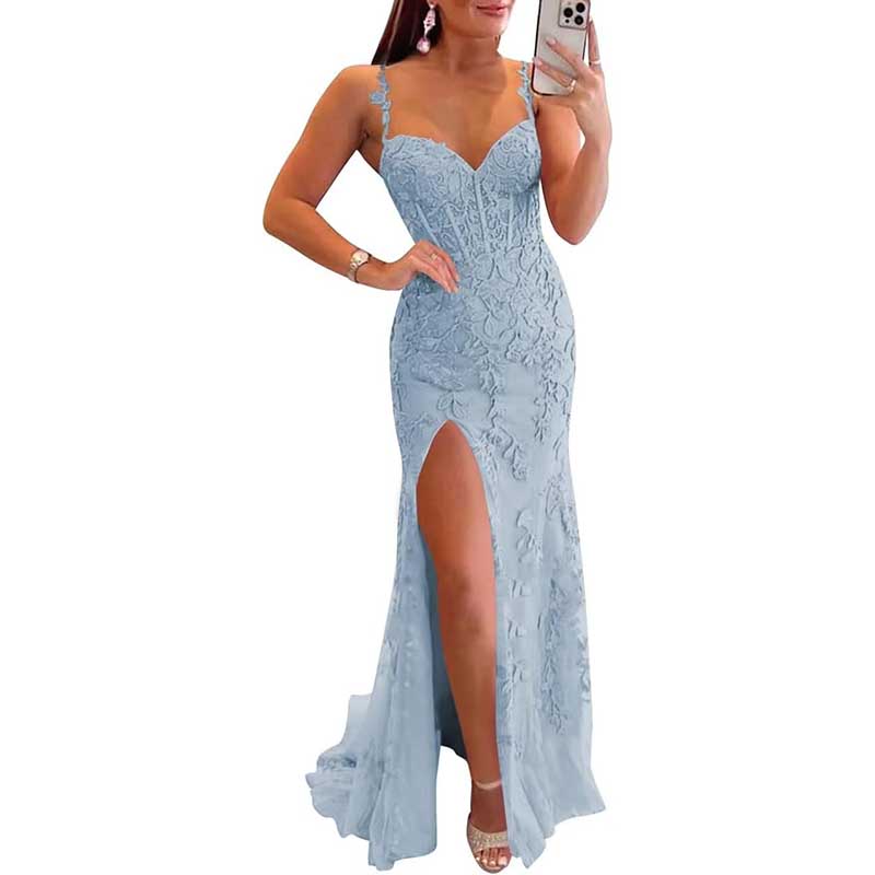 Lace Applique Mermaid Prom Dresses Spaghetti Straps Wedding Ball Gowns