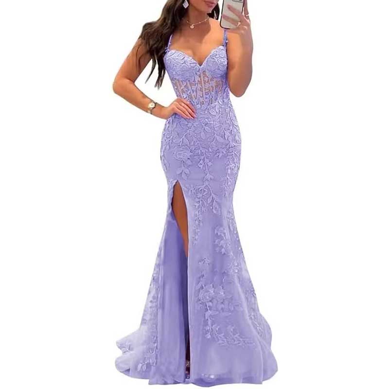 Lace Applique Mermaid Prom Dresses Spaghetti Straps Wedding Ball Gowns