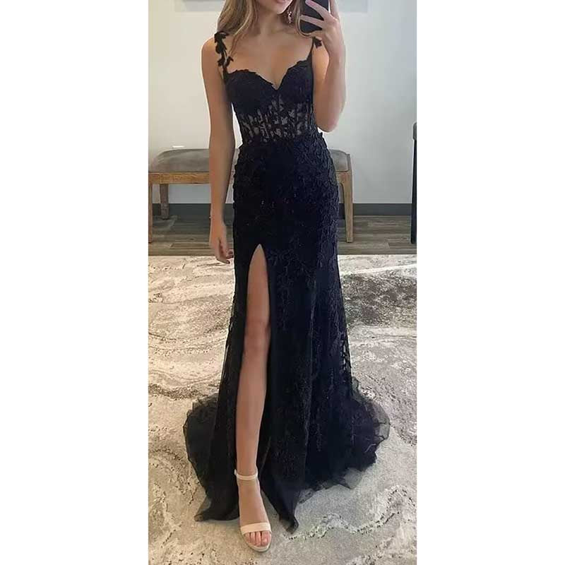 Lace Applique Mermaid Prom Dresses Spaghetti Straps Wedding Ball Gowns