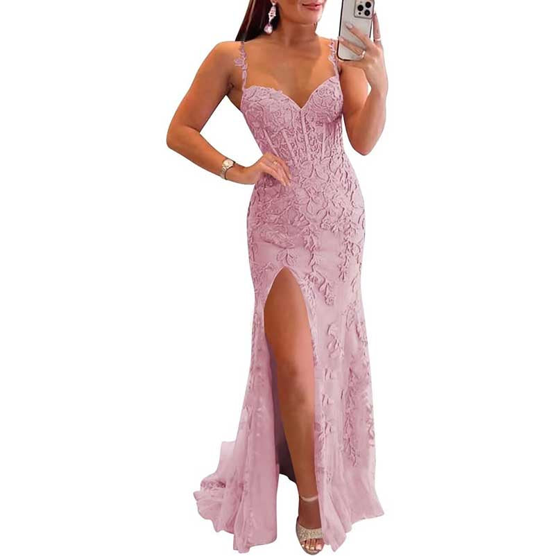 Lace Applique Mermaid Prom Dresses Spaghetti Straps Wedding Ball Gowns