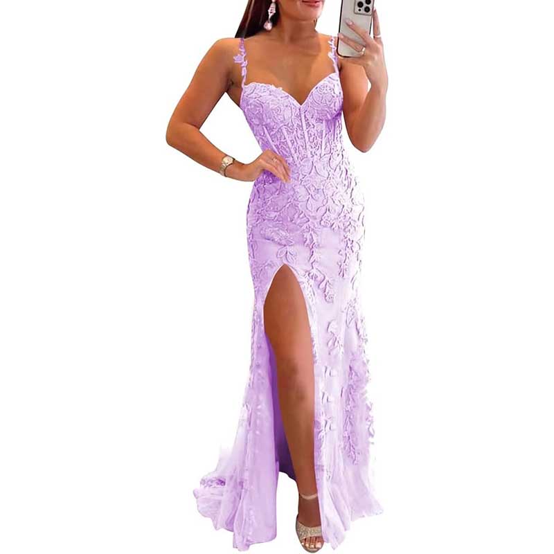 Lace Applique Mermaid Prom Dresses Spaghetti Straps Wedding Ball Gowns