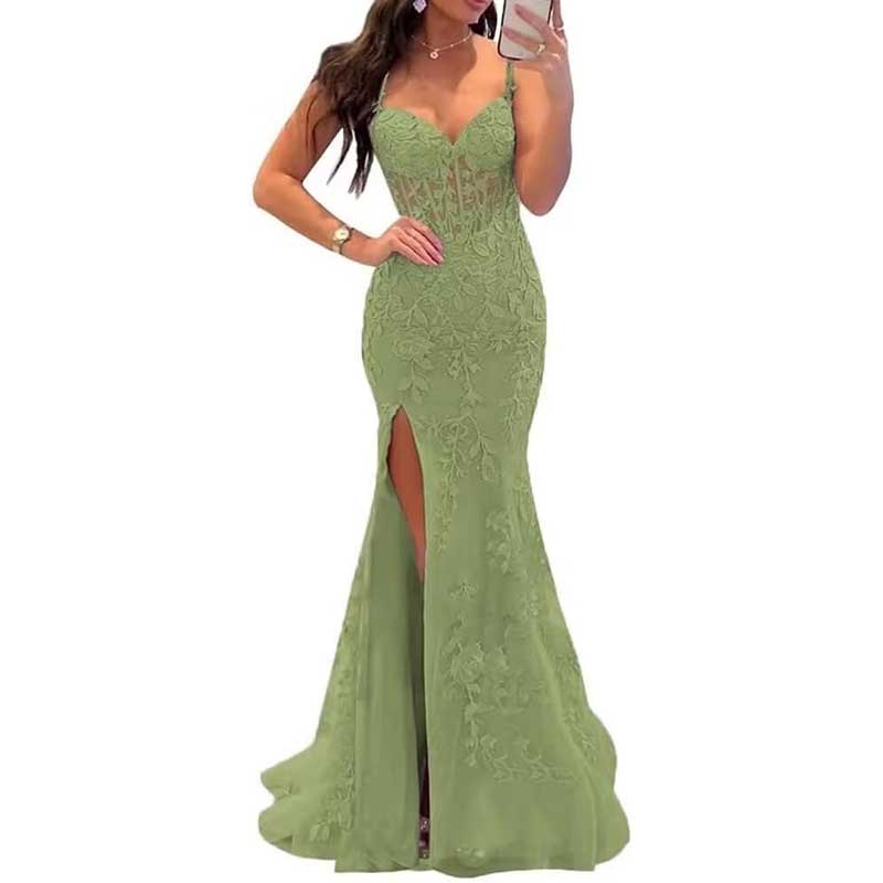 Lace Applique Mermaid Prom Dresses Spaghetti Straps Wedding Ball Gowns
