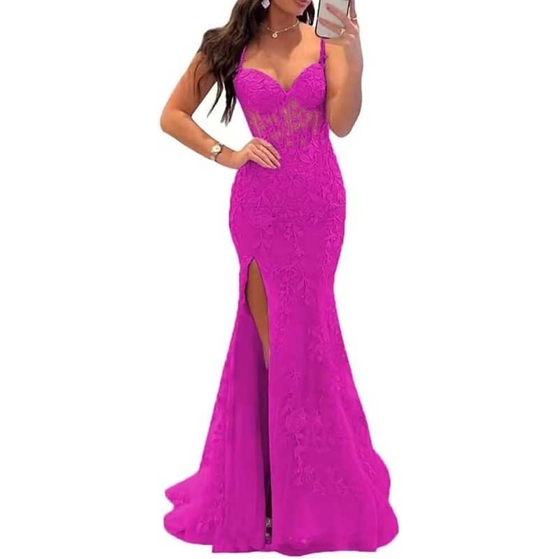 Lace Applique Mermaid Prom Dresses Spaghetti Straps Wedding Ball Gowns