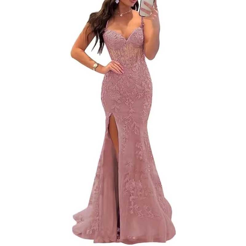 Lace Applique Mermaid Prom Dresses Spaghetti Straps Wedding Ball Gowns